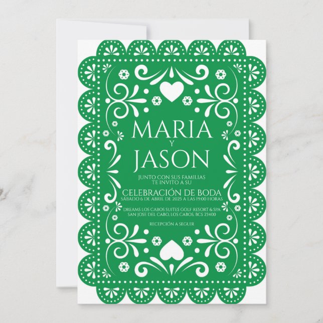 Papel Picado Green White Folk Art Spanish Wedding Invitation (Front)