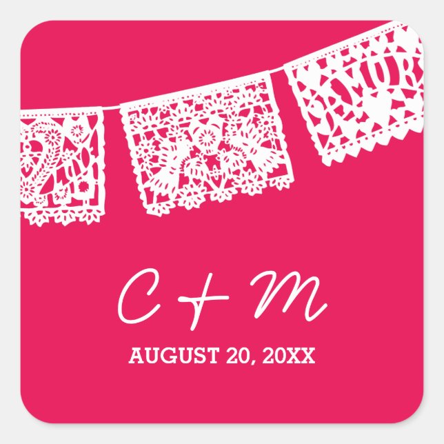 Papel Picado Hot Pink | Wedding Favor Sticker (Front)