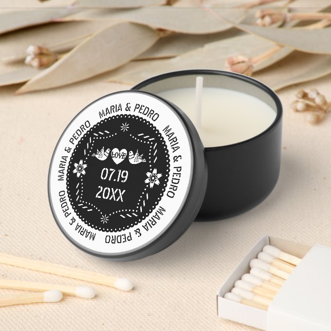 Papel picado love birds black Mexican wedding Mini Candle Favors (Insitu)