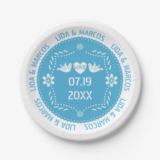 Papel picado love birds blue Mexican wedding Paper Plates