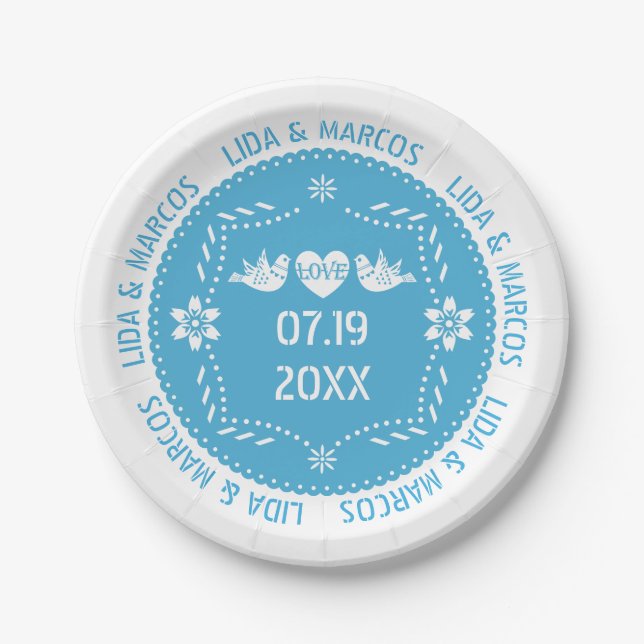 Papel picado love birds blue Mexican wedding Paper Plates (Front)