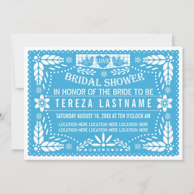 Papel picado love birds blue wedding bridal shower invitation (Front)