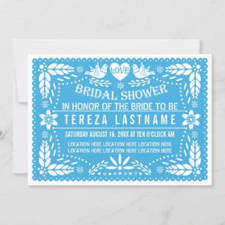 Papel picado love birds blue wedding bridal shower invitation