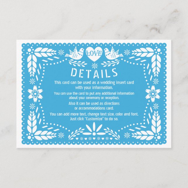 Papel picado love birds blue wedding details enclosure card (Front)