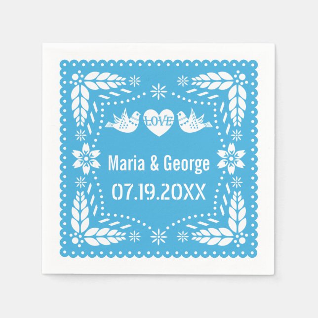 Papel picado love birds blue wedding fiesta napkins (Front)