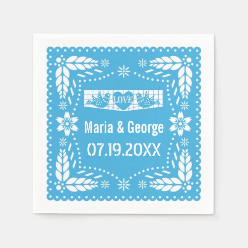 Papel picado love birds blue wedding fiesta napkins