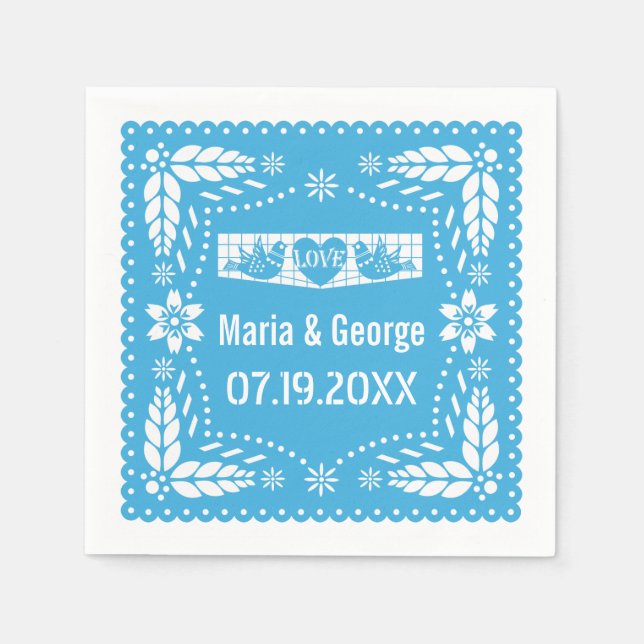 Papel picado love birds blue wedding fiesta napkins (Front)