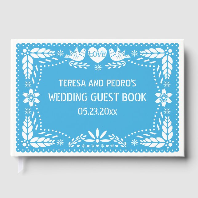 Papel picado love birds blue wedding guest book (Front)