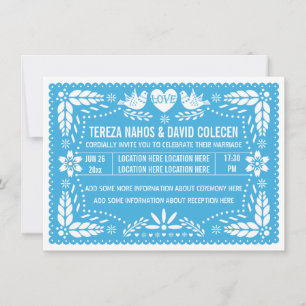 Papel picado love birds blue wedding invitation