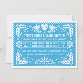 Papel picado love birds blue wedding invitation