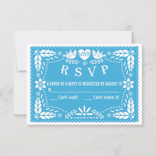 Papel picado love birds blue wedding RSVP reply (Front)