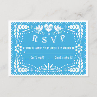Papel picado love birds blue wedding RSVP reply Card