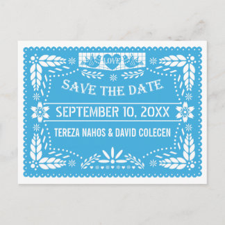 Papel picado love birds blue wedding Save the Date Announcement Postcard