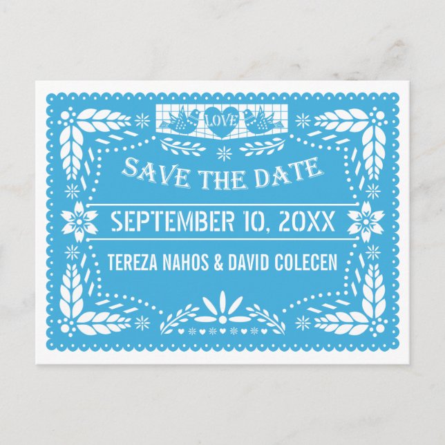 Papel picado love birds blue wedding Save the Date Announcement Postcard (Front)