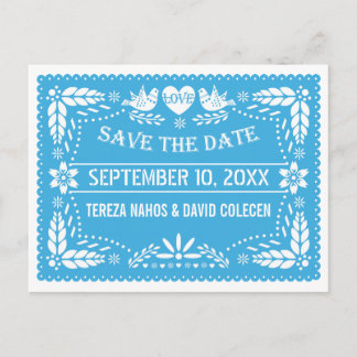 Papel picado love birds blue wedding Save the Date Announcement Postcard