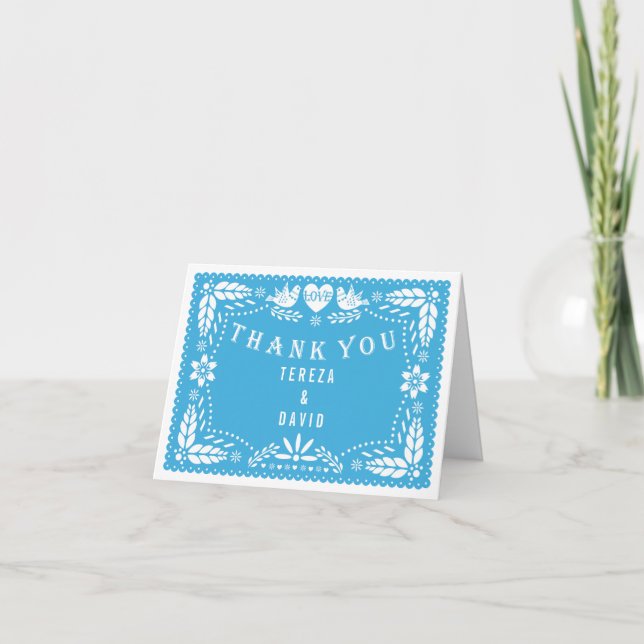 Papel picado love birds blue wedding Thank You (Front)