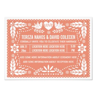 Papel picado love birds coral peach wedding 5x7 paper invitation card