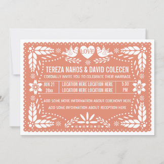 Papel picado love birds coral peach wedding invitation