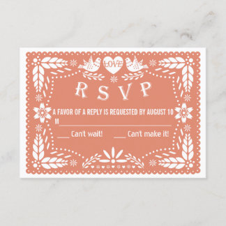 Papel picado love birds coral peach wedding RSVP Card