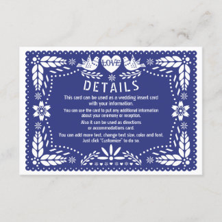 Papel picado love birds dark blue wedding details enclosure card