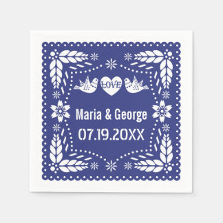 Papel picado love birds dark blue wedding fiesta napkins