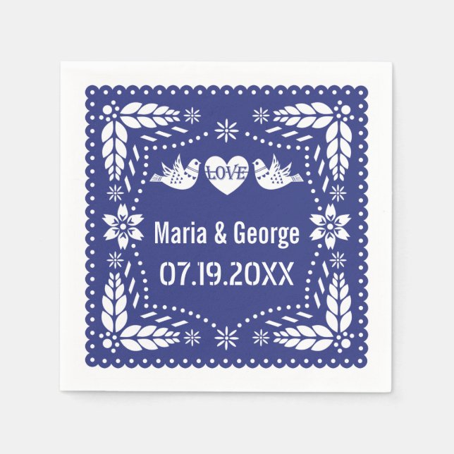 Papel picado love birds dark blue wedding fiesta napkins (Front)