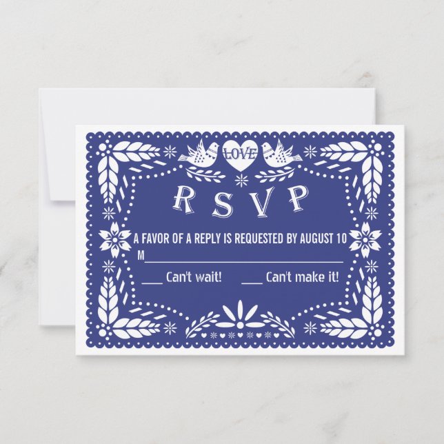 Papel picado love birds dark blue wedding RSVP (Front)