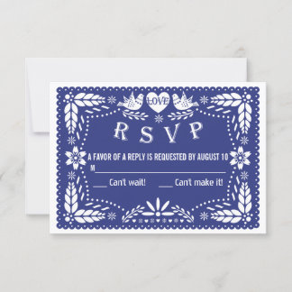 Papel picado love birds dark blue wedding RSVP Card