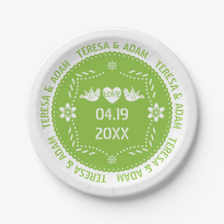 Papel picado love birds green Mexican wedding Paper Plates