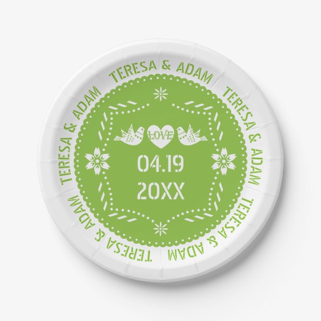Papel picado love birds green Mexican wedding Paper Plates (Front)
