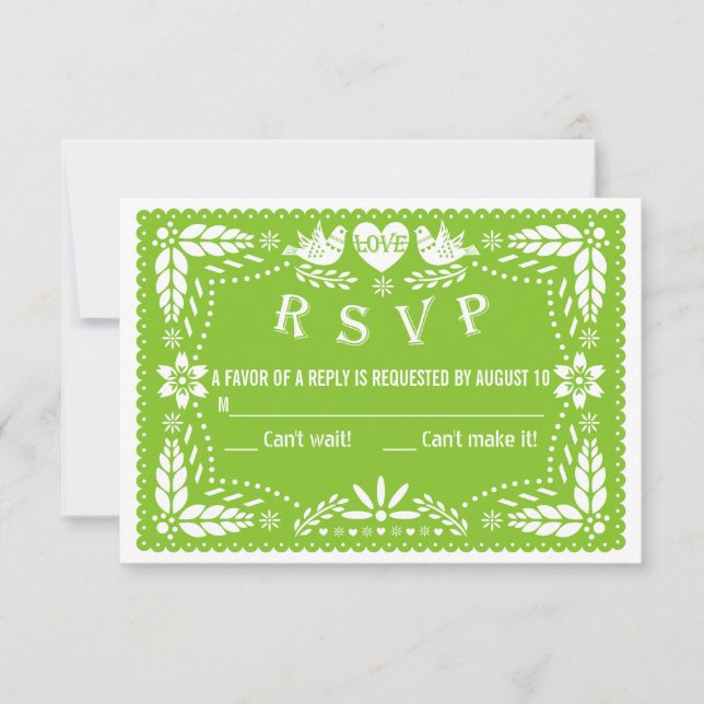 Papel picado love birds green wedding RSVP reply (Front)