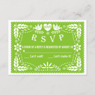 Papel picado love birds green wedding RSVP reply Card
