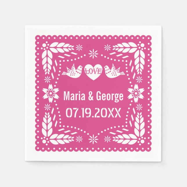 Papel picado love birds hot pink wedding fiesta napkins (Front)