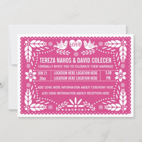 Papel picado love birds hot pink wedding invitation