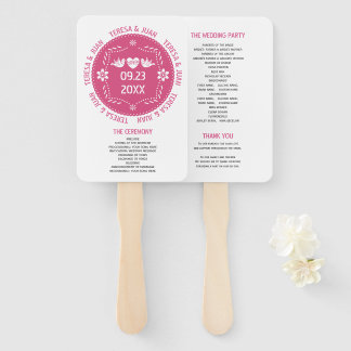 Papel picado love birds hot pink wedding program hand fan