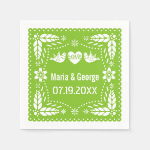 Papel picado love birds lime green wedding fiesta napkins