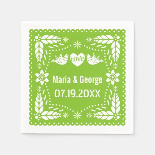 Papel picado love birds lime green wedding fiesta napkins