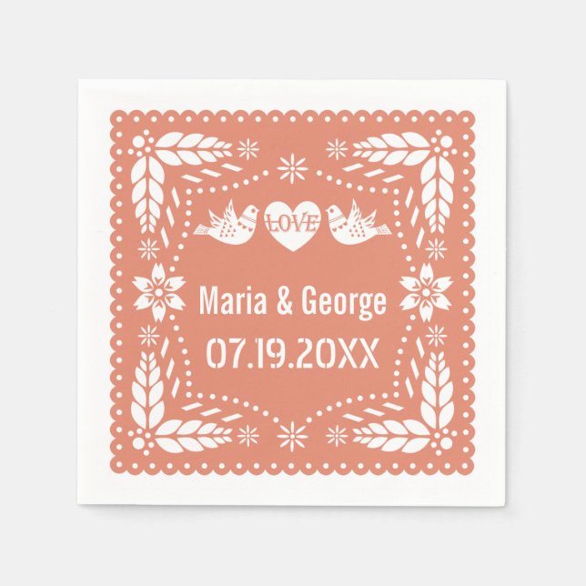 Papel picado love birds peach wedding fiesta napkins (Front)