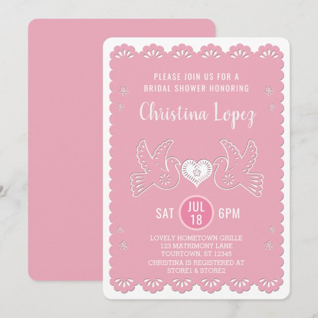 Papel Picado Love Birds Pink Bridal Shower Invitation (Front/Back)