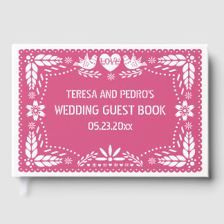 Papel picado love birds pink wedding guest book