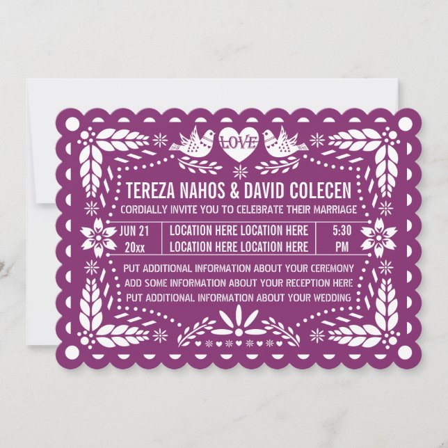 Papel picado love birds purple fiesta wedding invitation (Front)