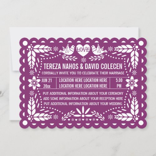 Papel picado love birds purple fiesta wedding invitation