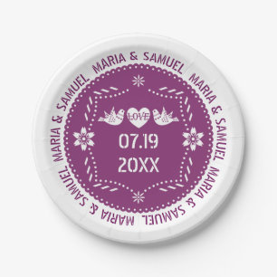 Papel picado love birds purple Mexican wedding Paper Plates