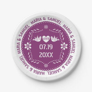 Papel picado love birds purple Mexican wedding Paper Plates