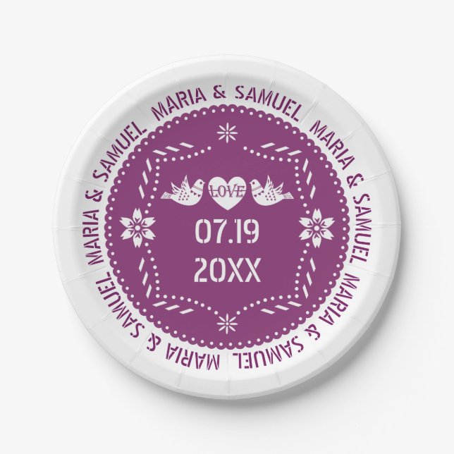 Papel picado love birds purple Mexican wedding Paper Plates (Front)