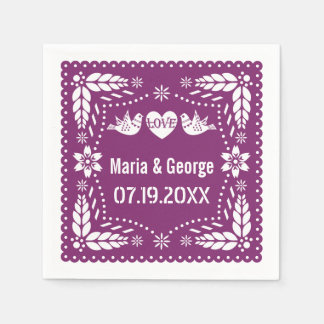 Papel picado love birds purple wedding fiesta paper napkins