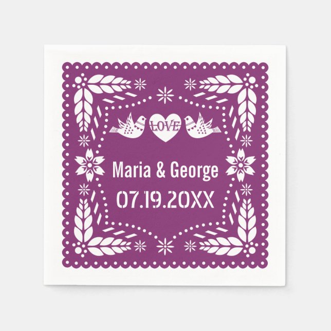 Papel picado love birds purple wedding fiesta paper napkins (Front)