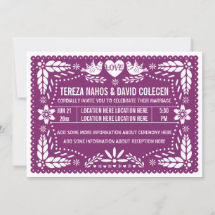 Papel picado love birds purple wedding invitation