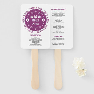 Papel picado love birds purple wedding program hand fan