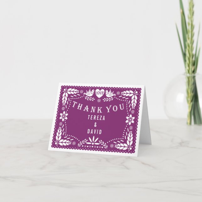 Papel picado love birds purple wedding Thank You (Front)